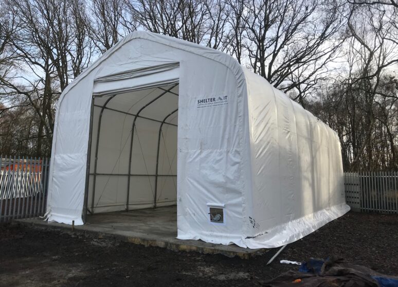 ST8H Exterior shot - PVC Fabric Shelter Tent with ShelterIt Logo