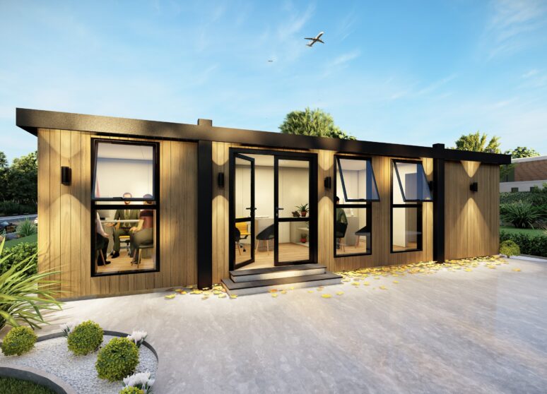Concept image for a timber clad portable marketing suite building used as a sales office.